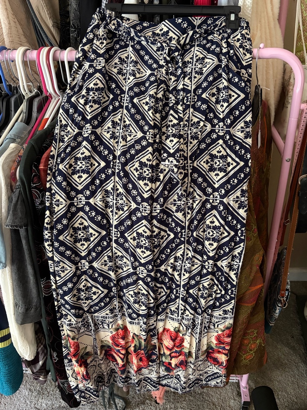 Angie Navy and Cream Printed Pants with Floral Border